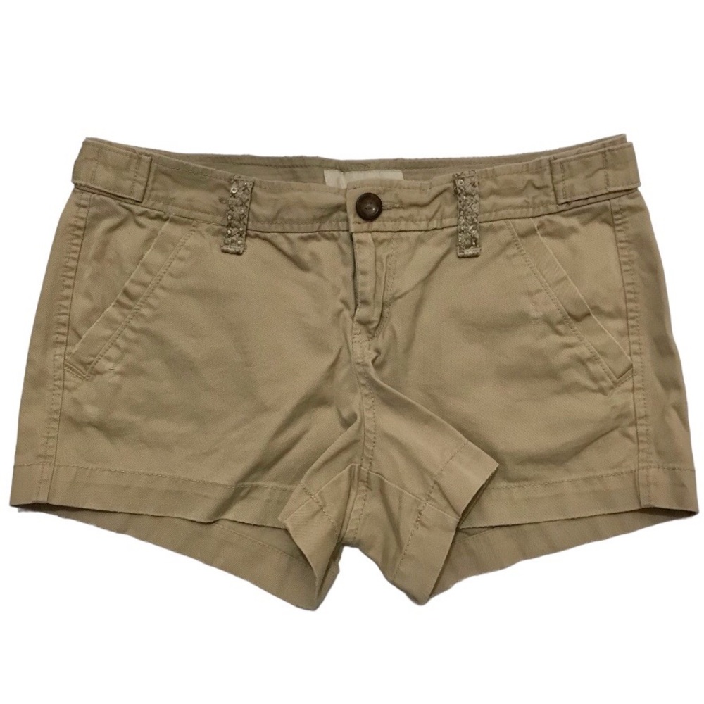 Old Navy Khaki Shorts, Low Rise Distressed Sequins Camp Uniform Tan Size 2